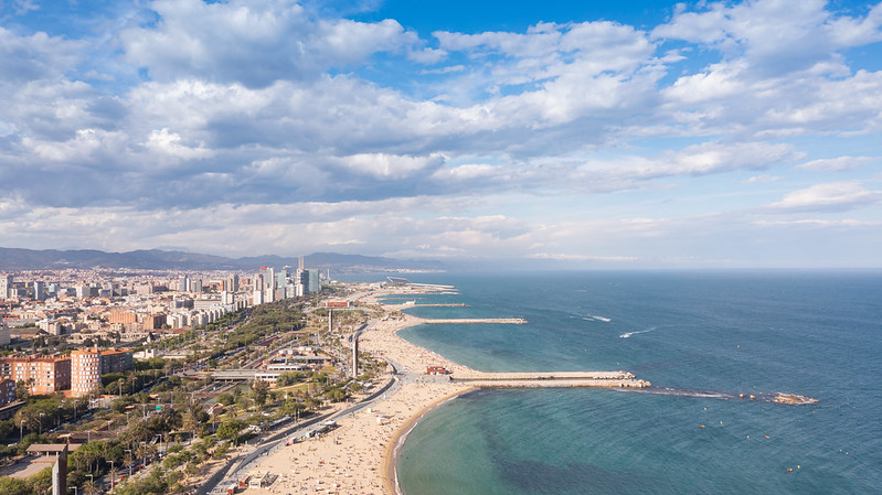 Aerial view of Nova Icària Beach and Playa de Bogatell in Barcelona, Spain